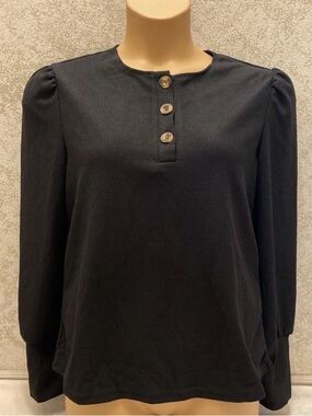 SHEIN Black Long Sleeve Henley Top with Puff Shoulders